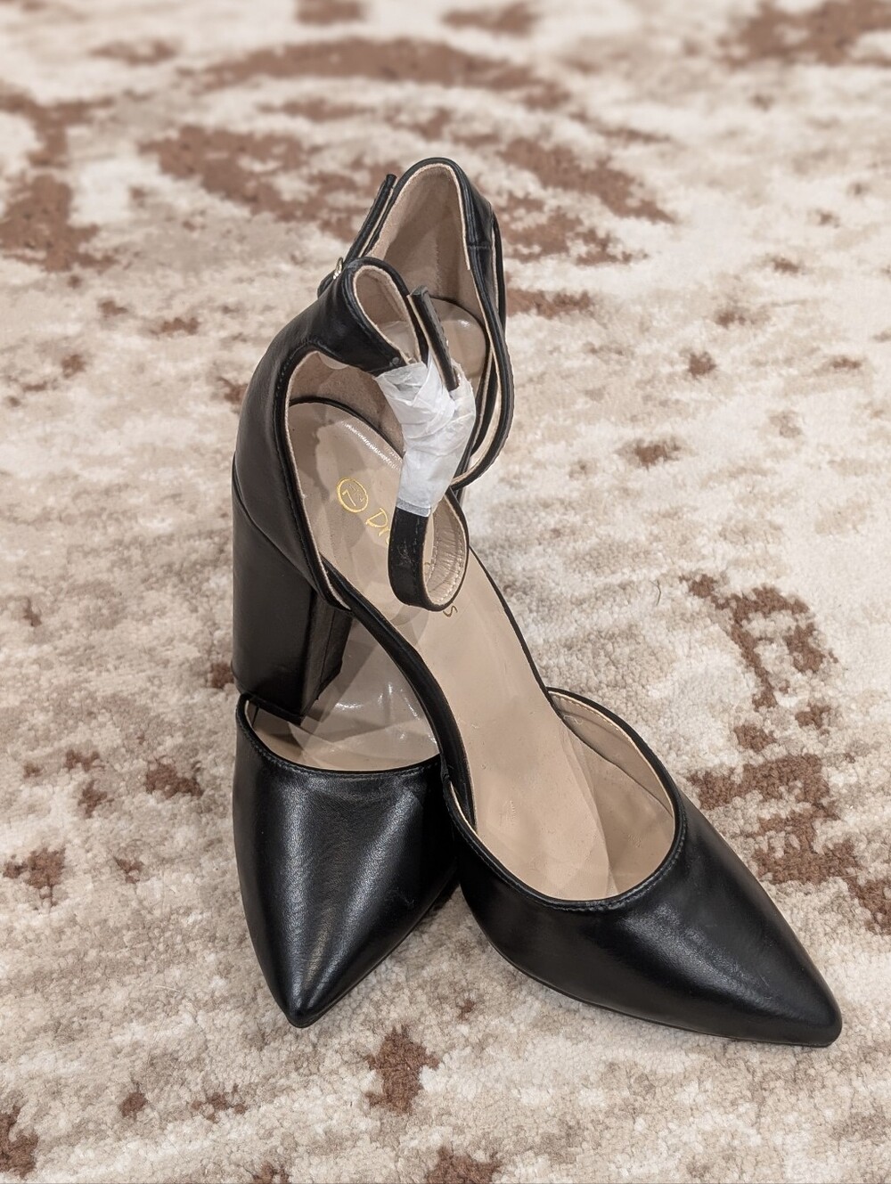 Black Pointed Toe Ankle Strap Block Heel Pumps